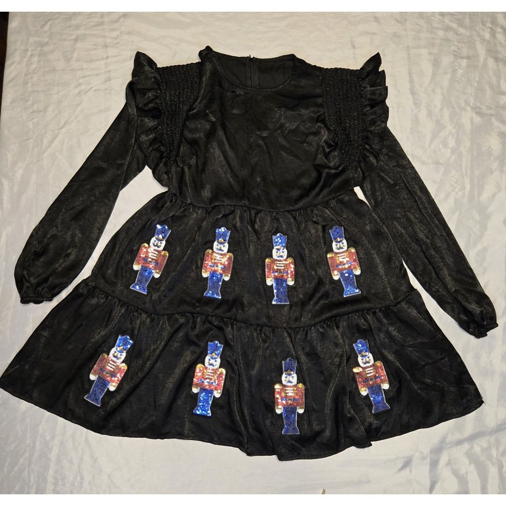 Hazel Blues Womens Large Black Ruffled Nurcracker Dress Long Sleeve Mini Stretch